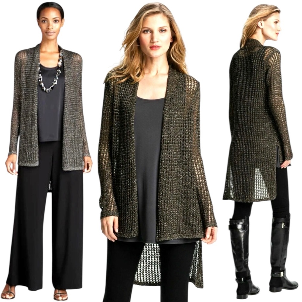 Eileen Fisher Sparkle-Mesh‎ Metallic High-Low Open Knit Cardigan Sweater S $288